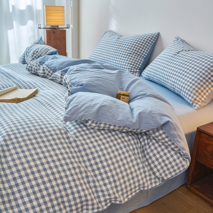 91家纺网 家纺一手货源 找家纺 春皖家纺 2026春夏新款全棉纯棉水洗棉四件套 素雅-蓝小格