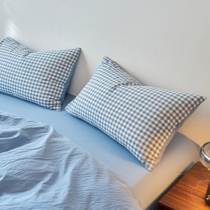 91家纺网 家纺一手货源 找家纺 春皖家纺 2026春夏新款全棉纯棉水洗棉四件套 素雅-蓝小格