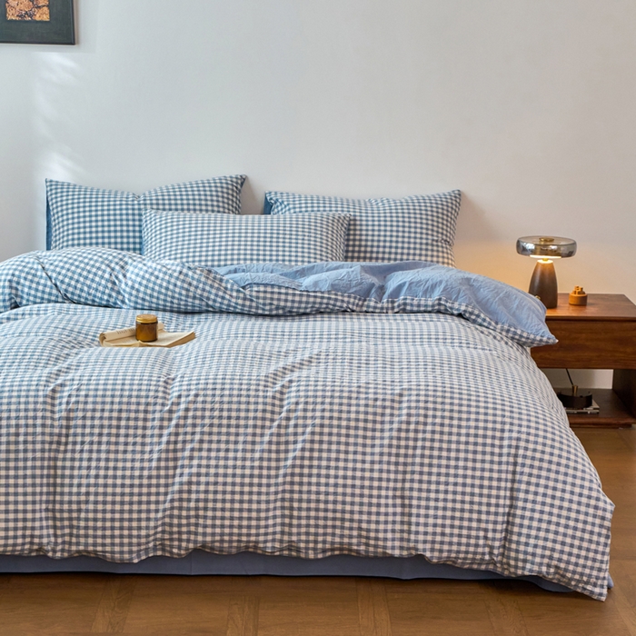 91家纺网 家纺一手货源 找家纺 春皖家纺 2026春夏新款全棉纯棉水洗棉四件套 素雅-蓝小格