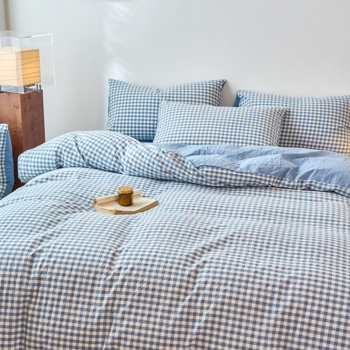 91家纺网 家纺一手货源 找家纺 春皖家纺 2026春夏新款全棉纯棉水洗棉四件套 素雅-蓝小格