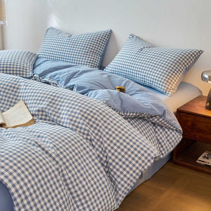 91家纺网 家纺一手货源 找家纺 春皖家纺 2026春夏新款全棉纯棉水洗棉四件套 素雅-蓝小格