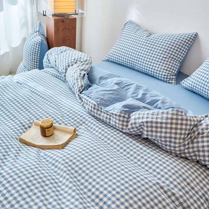 91家纺网 家纺一手货源 找家纺 春皖家纺 2026春夏新款全棉纯棉水洗棉四件套 素雅-蓝小格