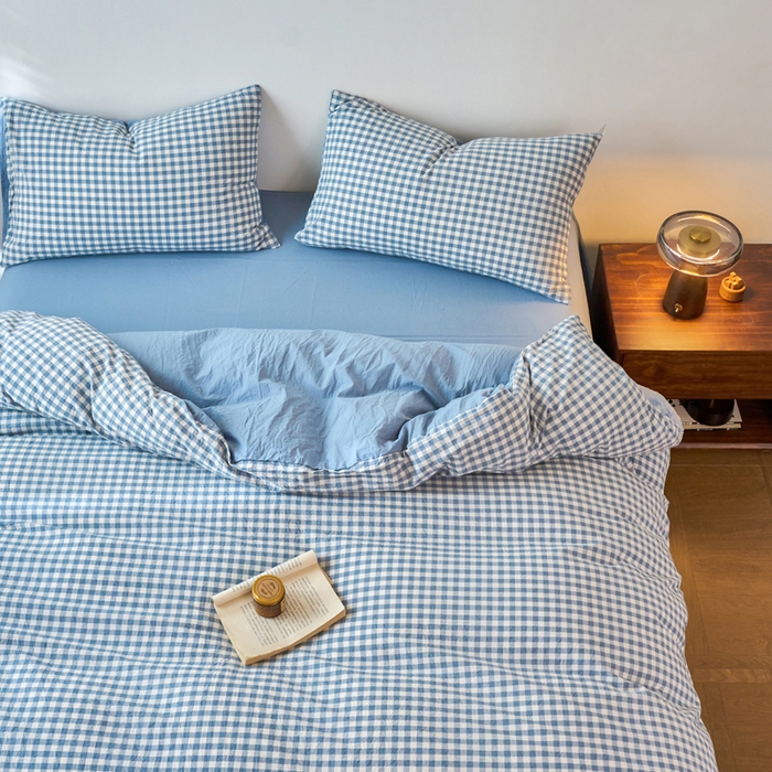 91家纺网 家纺一手货源 找家纺 春皖家纺 2026春夏新款全棉纯棉水洗棉四件套 素雅-蓝小格