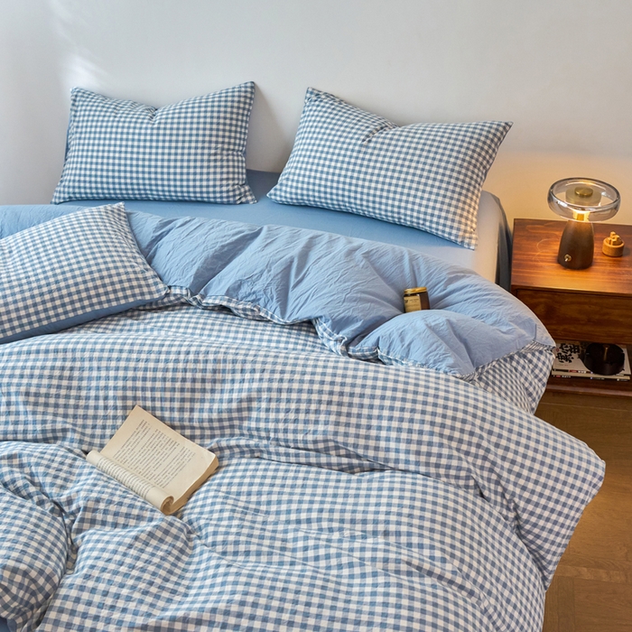 91家纺网 家纺一手货源 找家纺 春皖家纺 2026春夏新款全棉纯棉水洗棉四件套 素雅-蓝小格