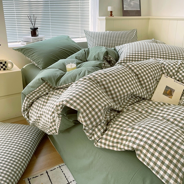 春皖家纺 2026春夏新款全棉纯棉水洗棉四件套 素雅-绿格