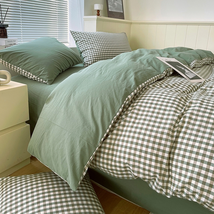 91家纺网 家纺一手货源 找家纺 春皖家纺 2026春夏新款全棉纯棉水洗棉四件套 素雅-绿格