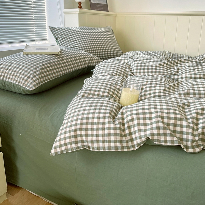 91家纺网 家纺一手货源 找家纺 春皖家纺 2026春夏新款全棉纯棉水洗棉四件套 素雅-绿格