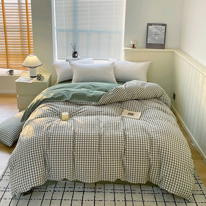 91家纺网 家纺一手货源 找家纺 春皖家纺 2026春夏新款全棉纯棉水洗棉四件套 素雅-绿格