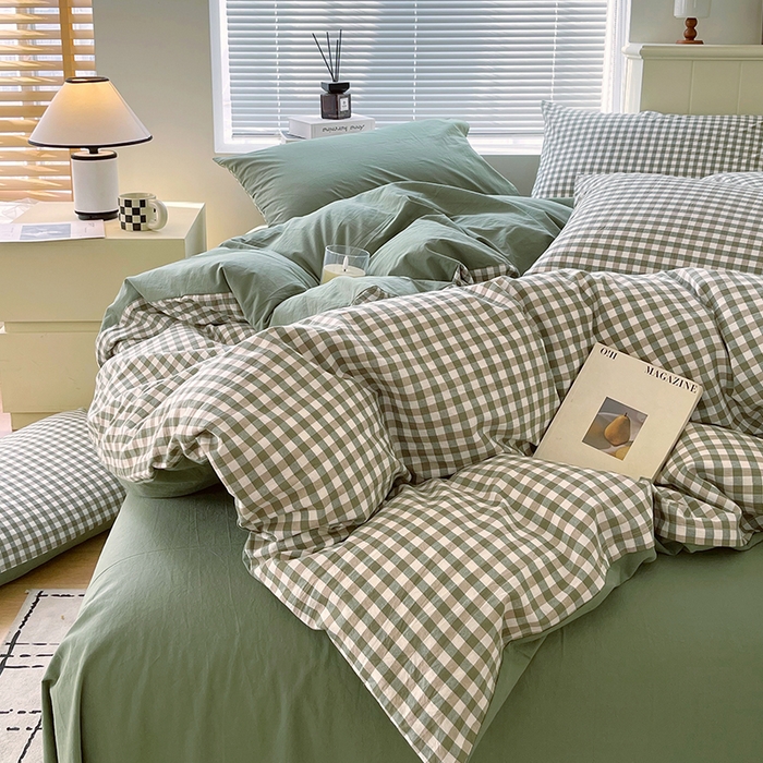 91家纺网 家纺一手货源 找家纺 春皖家纺 2026春夏新款全棉纯棉水洗棉四件套 素雅-绿格