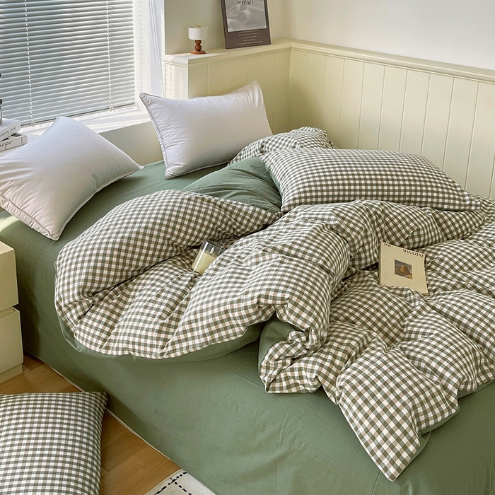 91家纺网 家纺一手货源 找家纺 春皖家纺 2026春夏新款全棉纯棉水洗棉四件套 素雅-绿格