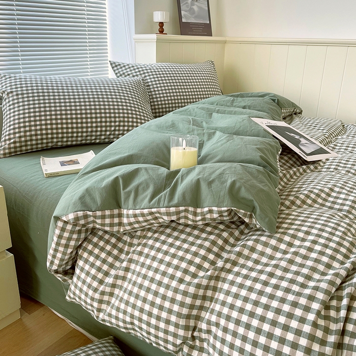 91家纺网 家纺一手货源 找家纺 春皖家纺 2026春夏新款全棉纯棉水洗棉四件套 素雅-绿格