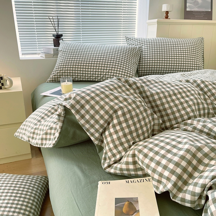 91家纺网 家纺一手货源 找家纺 春皖家纺 2026春夏新款全棉纯棉水洗棉四件套 素雅-绿格