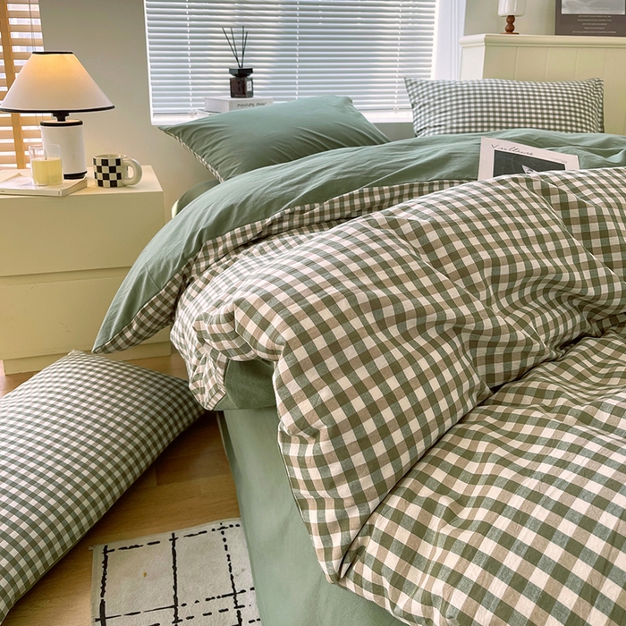 91家纺网 家纺一手货源 找家纺 春皖家纺 2026春夏新款全棉纯棉水洗棉四件套 素雅-绿格