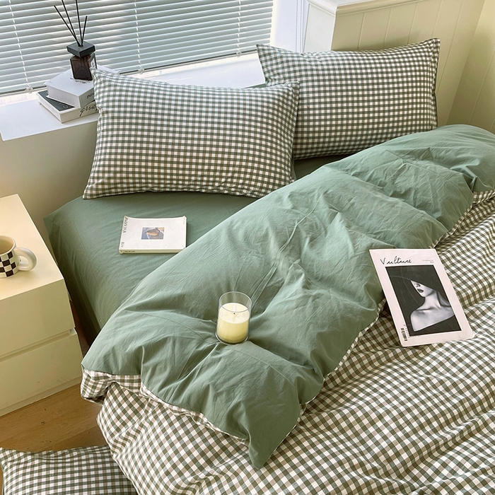 91家纺网 家纺一手货源 找家纺 春皖家纺 2026春夏新款全棉纯棉水洗棉四件套 素雅-绿格