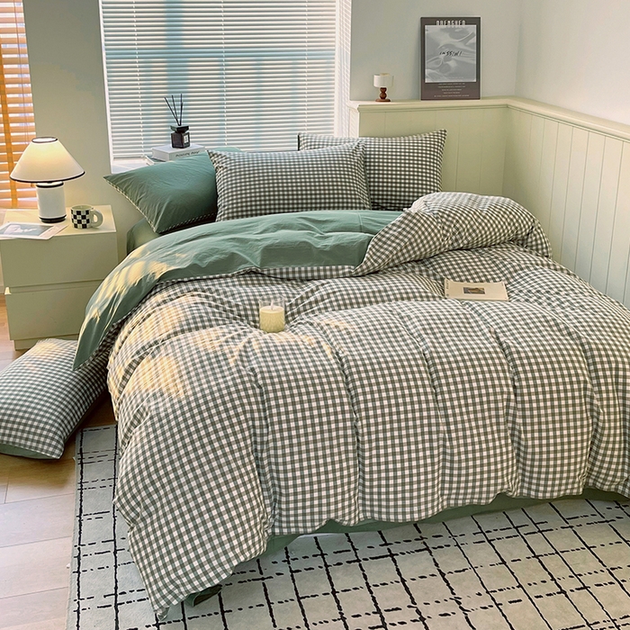 91家纺网 家纺一手货源 找家纺 春皖家纺 2026春夏新款全棉纯棉水洗棉四件套 素雅-绿格