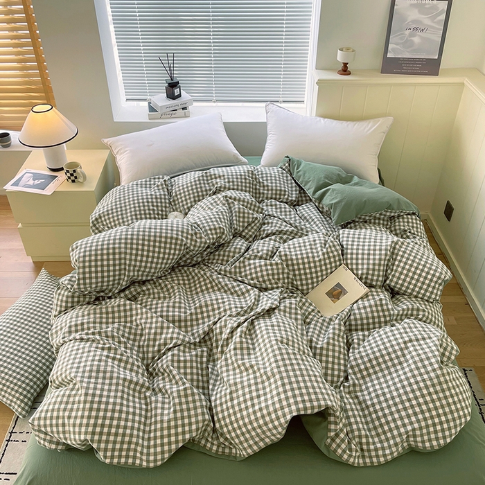 91家纺网 家纺一手货源 找家纺 春皖家纺 2026春夏新款全棉纯棉水洗棉四件套 素雅-绿格