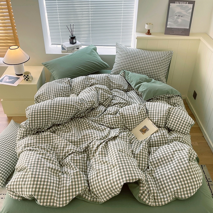 91家纺网 家纺一手货源 找家纺 春皖家纺 2026春夏新款全棉纯棉水洗棉四件套 素雅-绿格