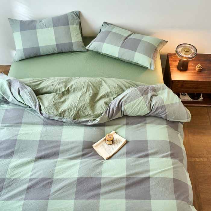 91家纺网 家纺一手货源 找家纺 春皖家纺 2026春夏新款全棉纯棉水洗棉四件套 素雅-清格