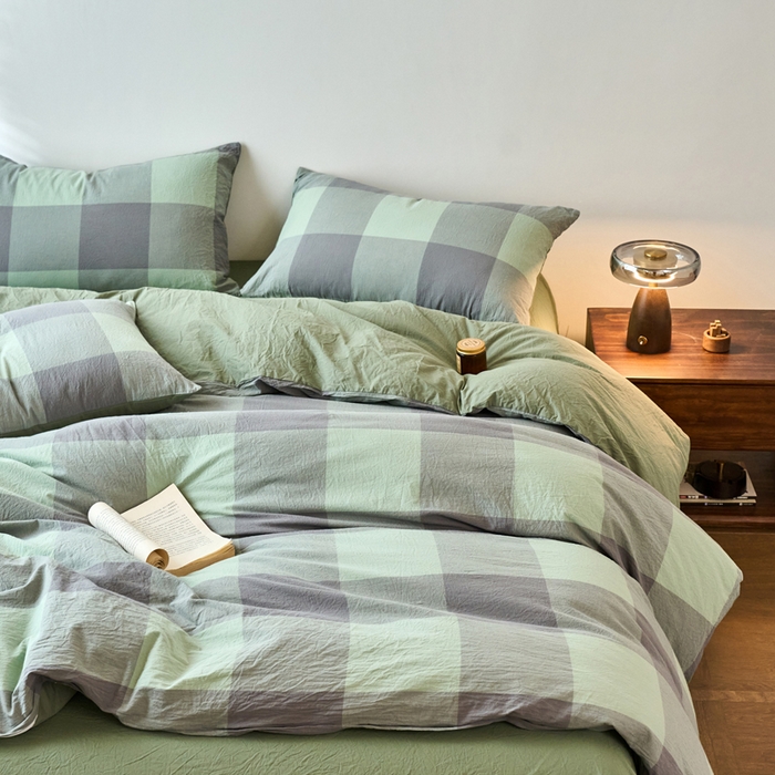 91家纺网 家纺一手货源 找家纺 春皖家纺 2026春夏新款全棉纯棉水洗棉四件套 素雅-清格