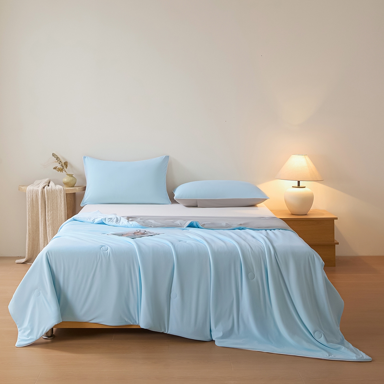 91家纺网 家纺一手货源 找家纺 寐眠 2026新款凉感纯色双拼夏被夏凉被空调被-风格二 云屿冰蓝