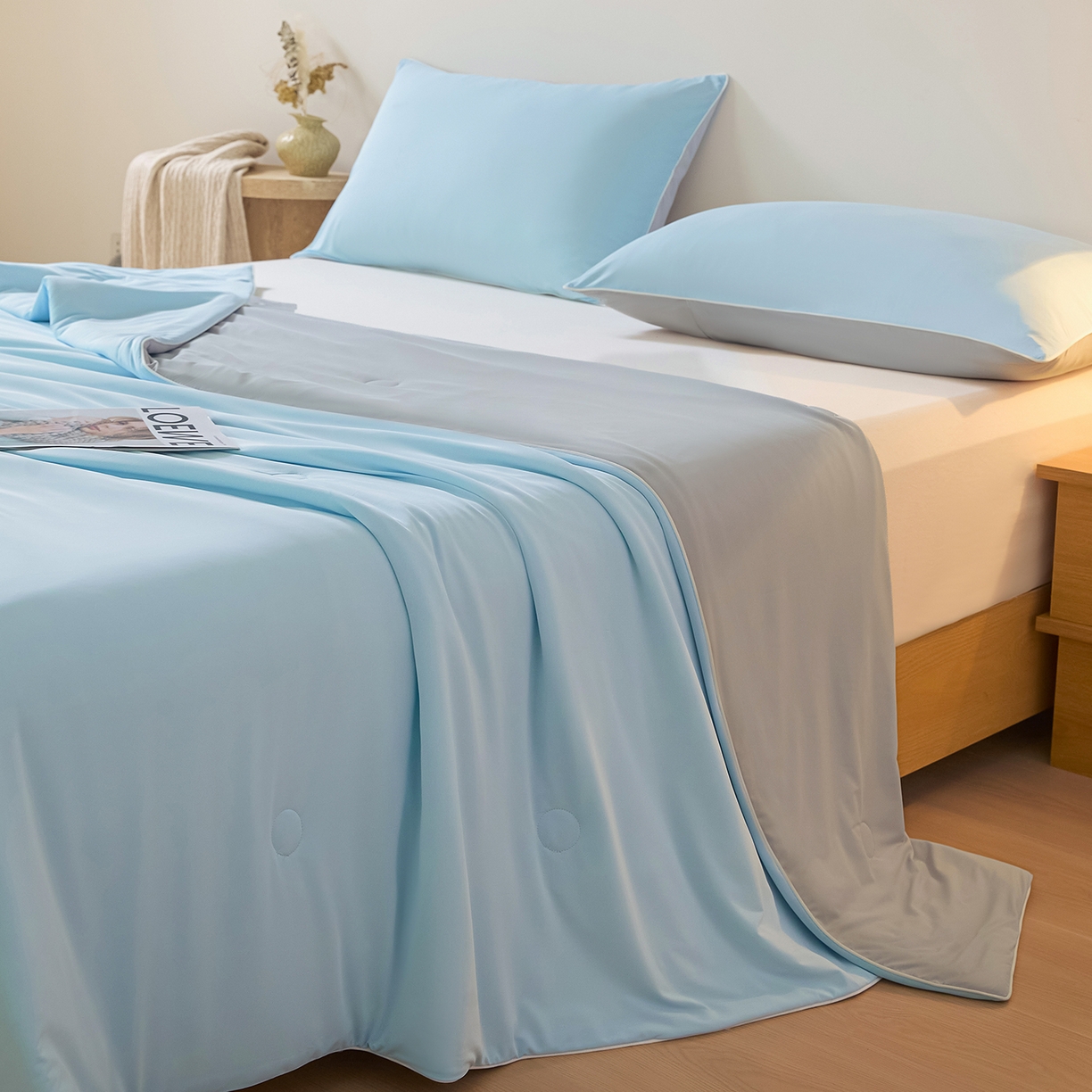 91家纺网 家纺一手货源 找家纺 寐眠 2026新款凉感纯色双拼夏被夏凉被空调被-风格二 云屿冰蓝