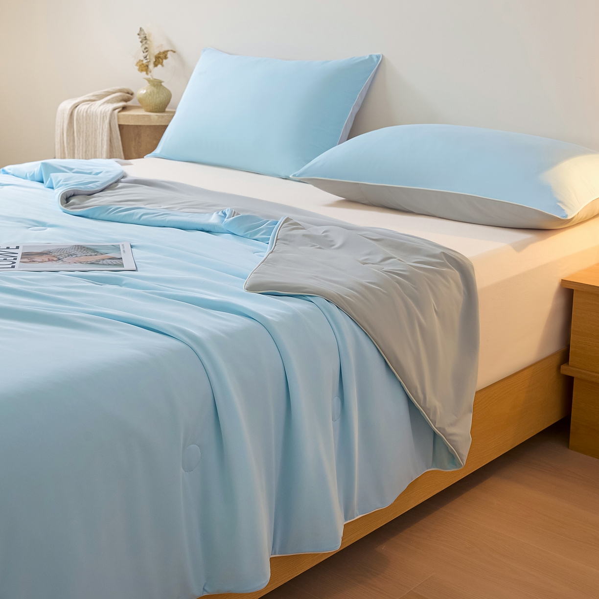 91家纺网 家纺一手货源 找家纺 寐眠 2026新款凉感纯色双拼夏被夏凉被空调被-风格二 云屿冰蓝