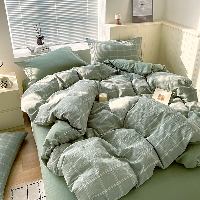 91家纺网 家纺一手货源 找家纺 春皖家纺 2026春夏新款全棉纯棉水洗棉四件套 素雅-韵绿