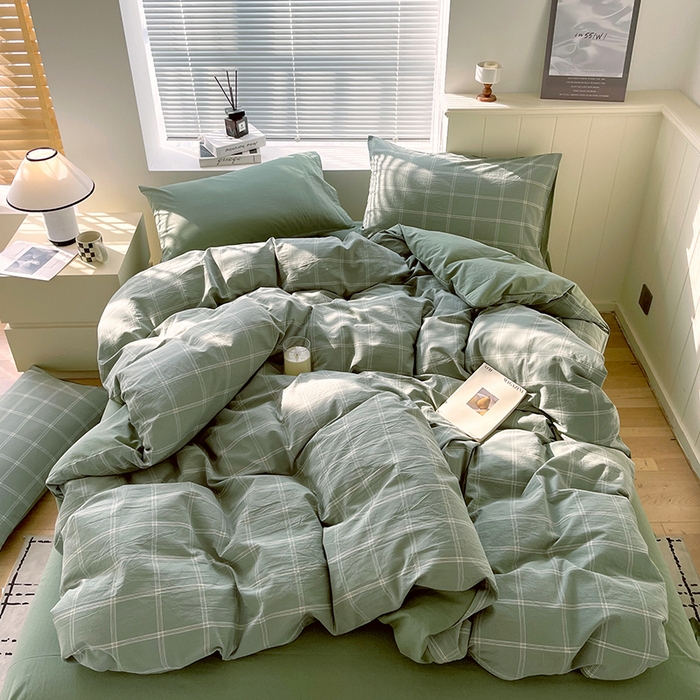 91家纺网 家纺一手货源 找家纺 春皖家纺 2026春夏新款全棉纯棉水洗棉四件套 素雅-韵绿