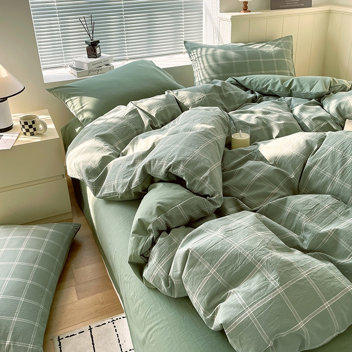 91家纺网 家纺一手货源 找家纺 春皖家纺 2026春夏新款全棉纯棉水洗棉四件套 素雅-韵绿