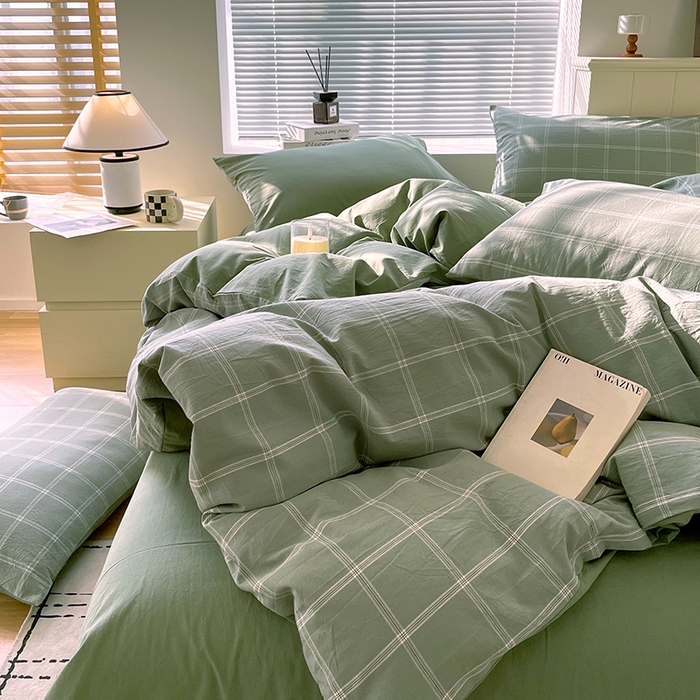 91家纺网 家纺一手货源 找家纺 春皖家纺 2026春夏新款全棉纯棉水洗棉四件套 素雅-韵绿