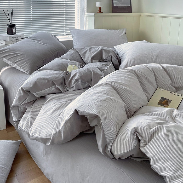 春皖家纺 2026春夏新款全棉纯棉水洗棉四件套 细条灰