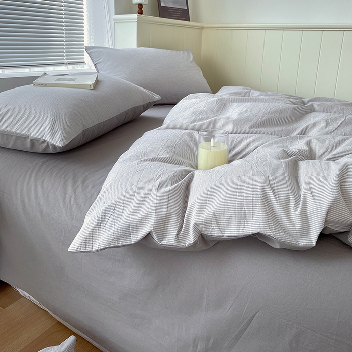 91家纺网 家纺一手货源 找家纺 春皖家纺 2026春夏新款全棉纯棉水洗棉四件套 细条灰