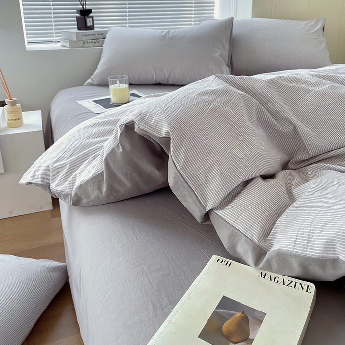 91家纺网 家纺一手货源 找家纺 春皖家纺 2026春夏新款全棉纯棉水洗棉四件套 细条灰