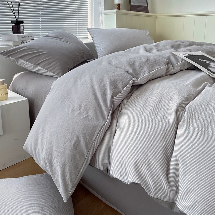 91家纺网 家纺一手货源 找家纺 春皖家纺 2026春夏新款全棉纯棉水洗棉四件套 细条灰