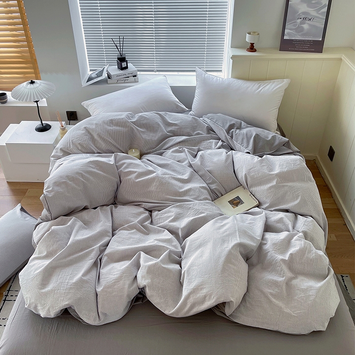 91家纺网 家纺一手货源 找家纺 春皖家纺 2026春夏新款全棉纯棉水洗棉四件套 细条灰