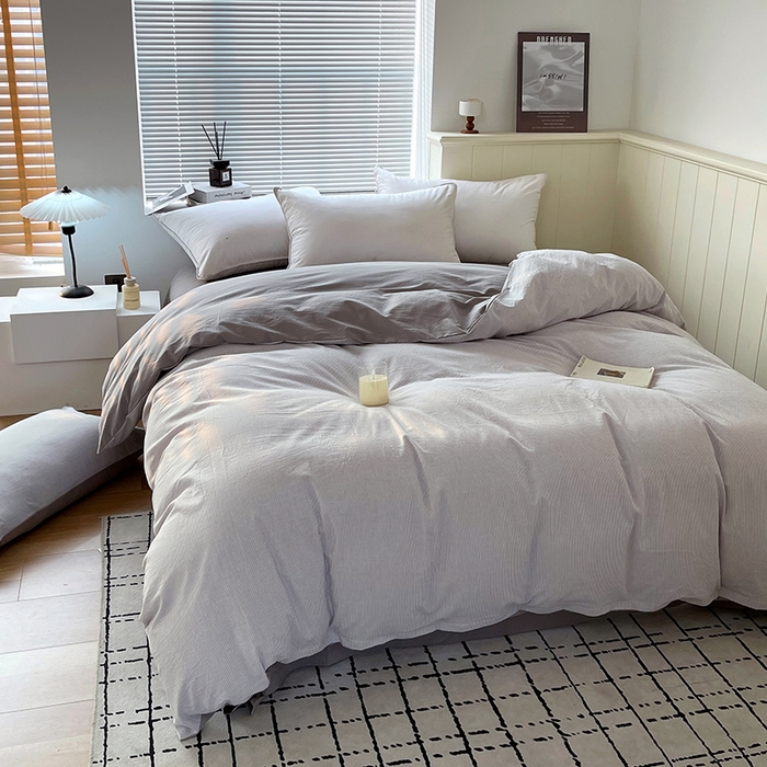 91家纺网 家纺一手货源 找家纺 春皖家纺 2026春夏新款全棉纯棉水洗棉四件套 细条灰