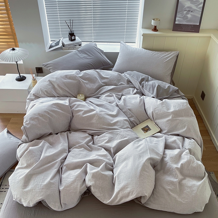 91家纺网 家纺一手货源 找家纺 春皖家纺 2026春夏新款全棉纯棉水洗棉四件套 细条灰