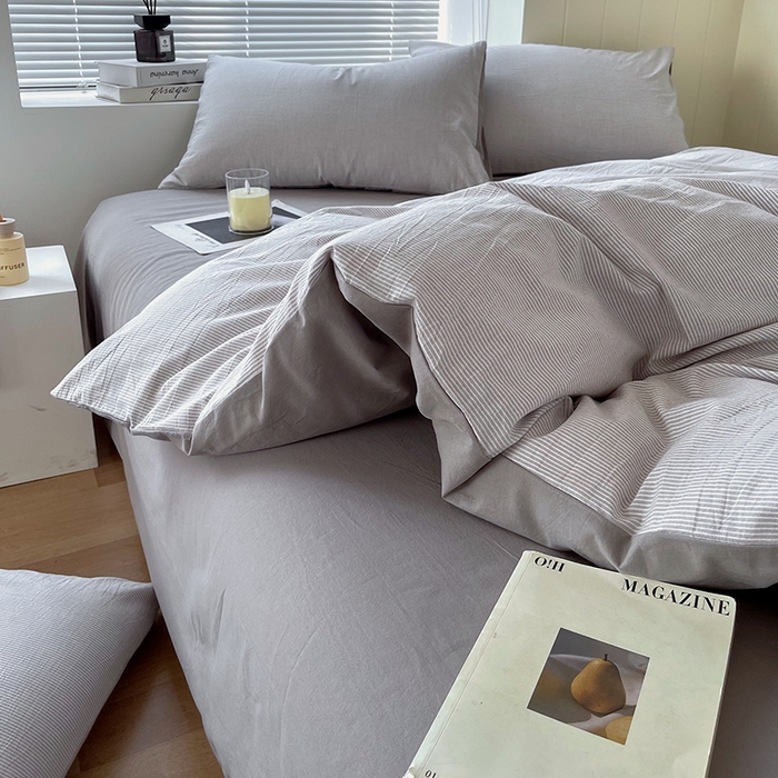 91家纺网 家纺一手货源 找家纺 春皖家纺 2026春夏新款全棉纯棉水洗棉四件套 细条灰