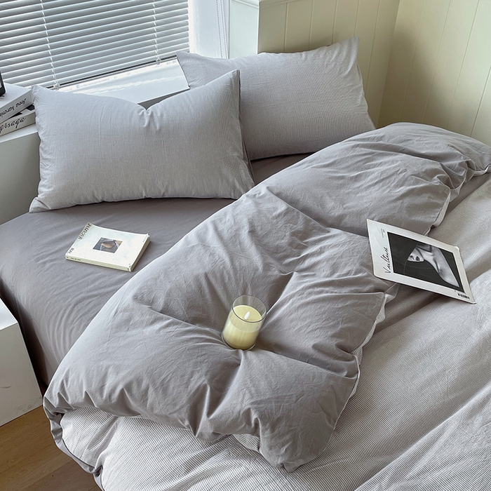 91家纺网 家纺一手货源 找家纺 春皖家纺 2026春夏新款全棉纯棉水洗棉四件套 细条灰