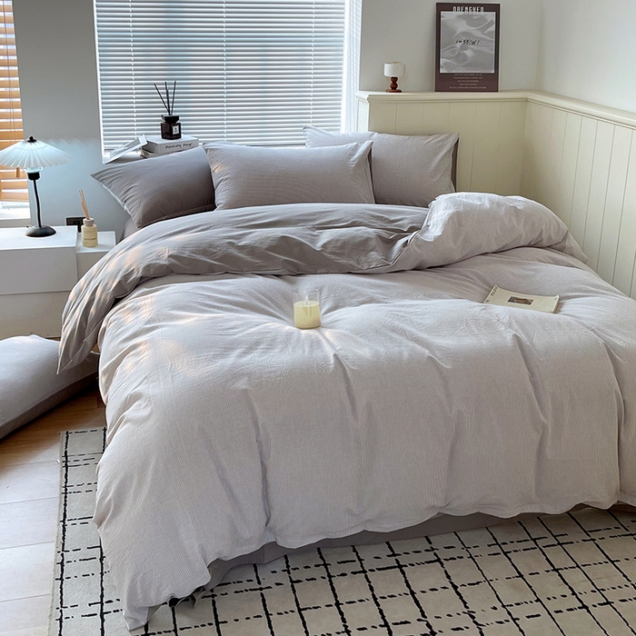 91家纺网 家纺一手货源 找家纺 春皖家纺 2026春夏新款全棉纯棉水洗棉四件套 细条灰