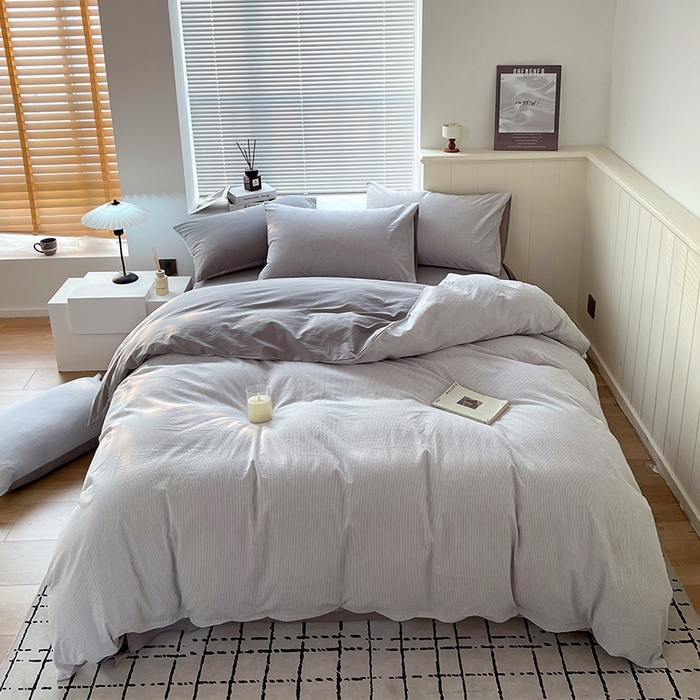 91家纺网 家纺一手货源 找家纺 春皖家纺 2026春夏新款全棉纯棉水洗棉四件套 细条灰