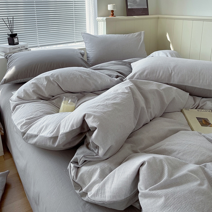 91家纺网 家纺一手货源 找家纺 春皖家纺 2026春夏新款全棉纯棉水洗棉四件套 细条灰