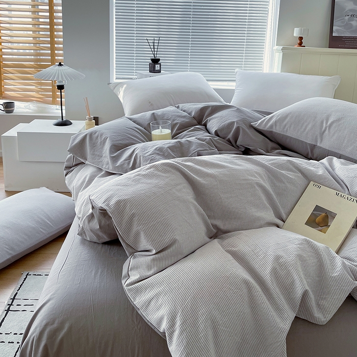 91家纺网 家纺一手货源 找家纺 春皖家纺 2026春夏新款全棉纯棉水洗棉四件套 细条灰