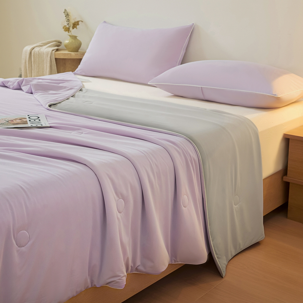 91家纺网 家纺一手货源 找家纺 寐眠 2026新款凉感纯色双拼夏被夏凉被空调被-风格二 紫芋冰絮