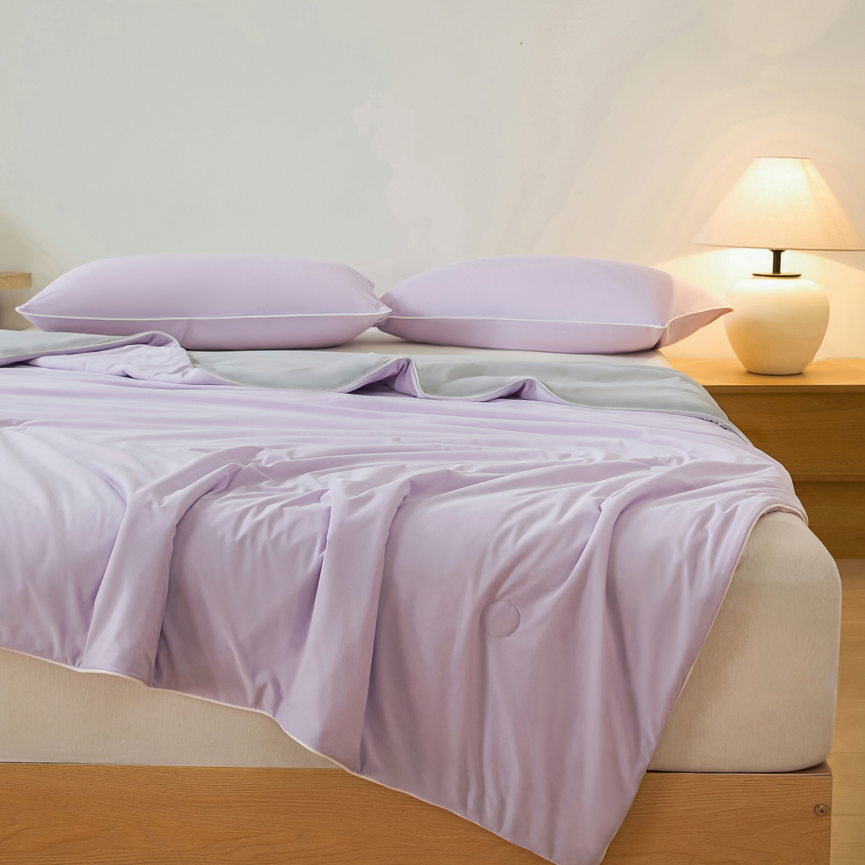 91家纺网 家纺一手货源 找家纺 寐眠 2026新款凉感纯色双拼夏被夏凉被空调被-风格二 紫芋冰絮