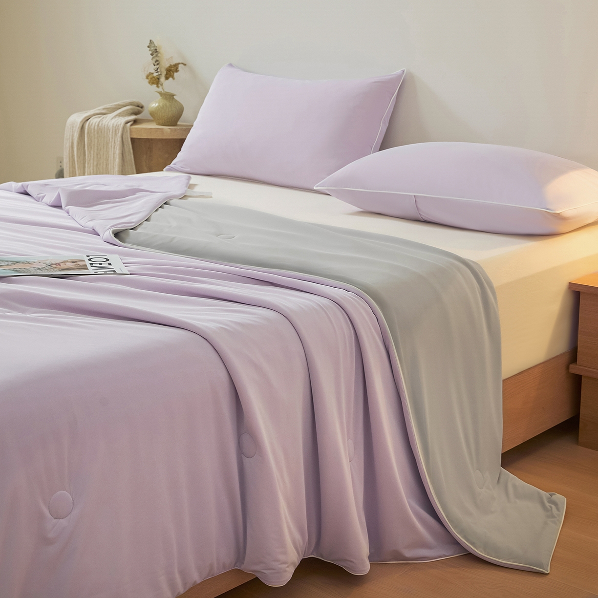 91家纺网 家纺一手货源 找家纺 寐眠 2026新款凉感纯色双拼夏被夏凉被空调被-风格二 紫芋冰絮