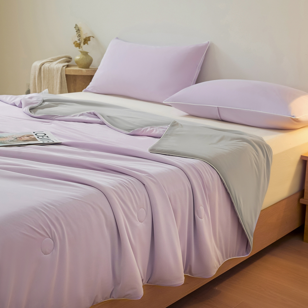 91家纺网 家纺一手货源 找家纺 寐眠 2026新款凉感纯色双拼夏被夏凉被空调被-风格二 紫芋冰絮