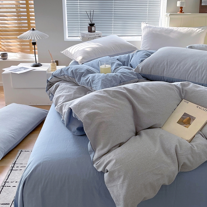 91家纺网 家纺一手货源 找家纺 春皖家纺 2026春夏新款全棉纯棉水洗棉四件套 细条蓝