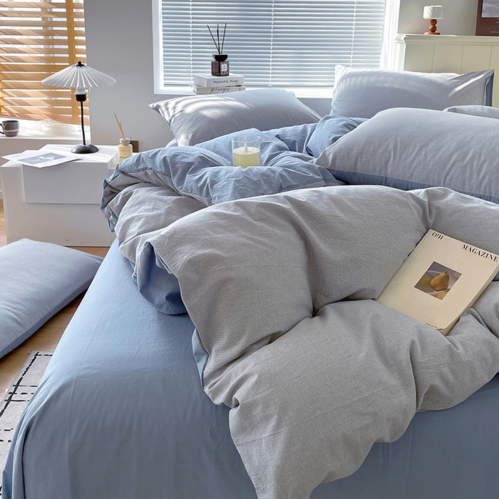 91家纺网 家纺一手货源 找家纺 春皖家纺 2026春夏新款全棉纯棉水洗棉四件套 细条蓝