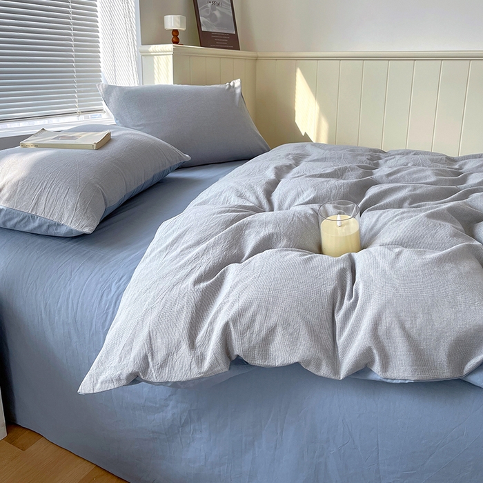 91家纺网 家纺一手货源 找家纺 春皖家纺 2026春夏新款全棉纯棉水洗棉四件套 细条蓝